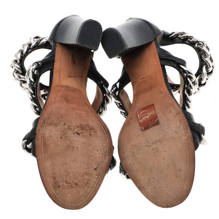 Pre Owned Givenchy Black Leather Chain Embellished Ankle Strap Sandals Size 36