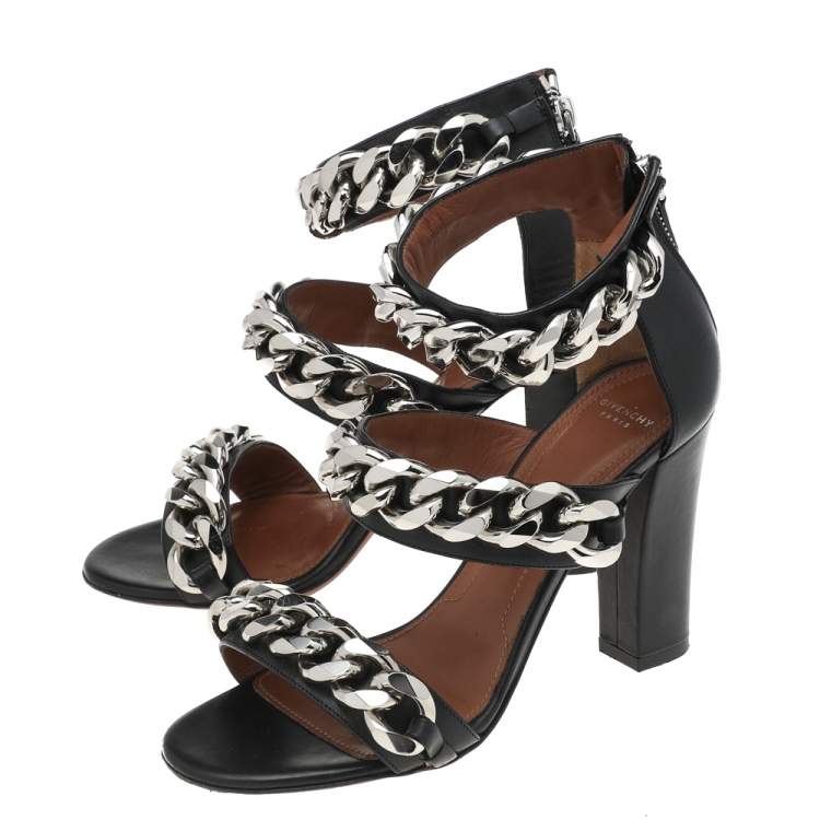 Pre Owned Givenchy Black Leather Chain Embellished Ankle Strap Sandals Size 36