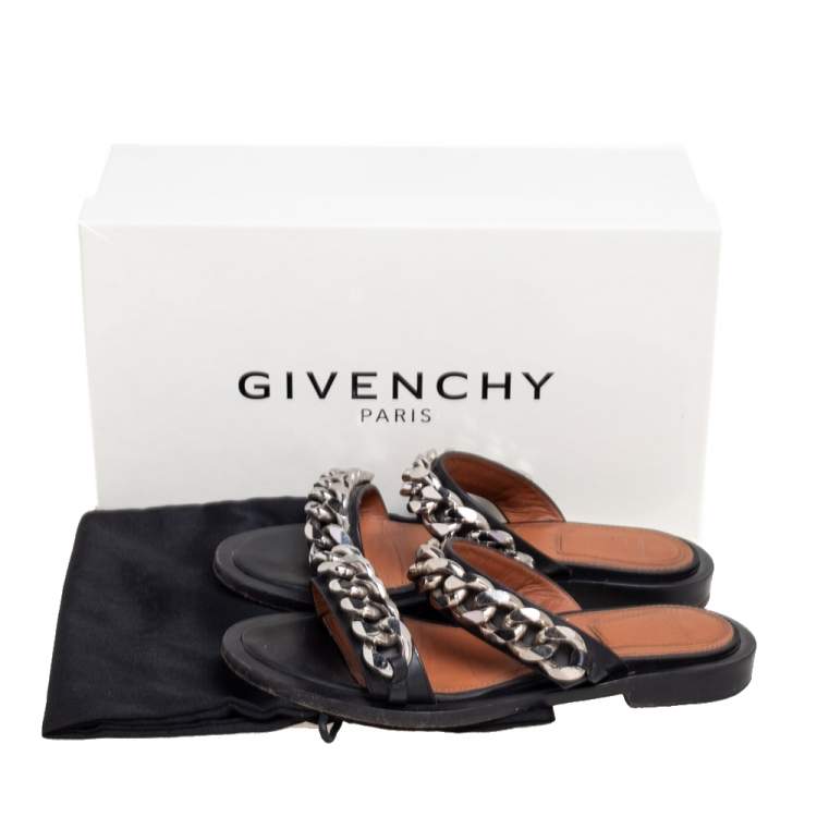 Pre Owned Givenchy Black Leather Chain Trimmed Flat Sandals Size 37
