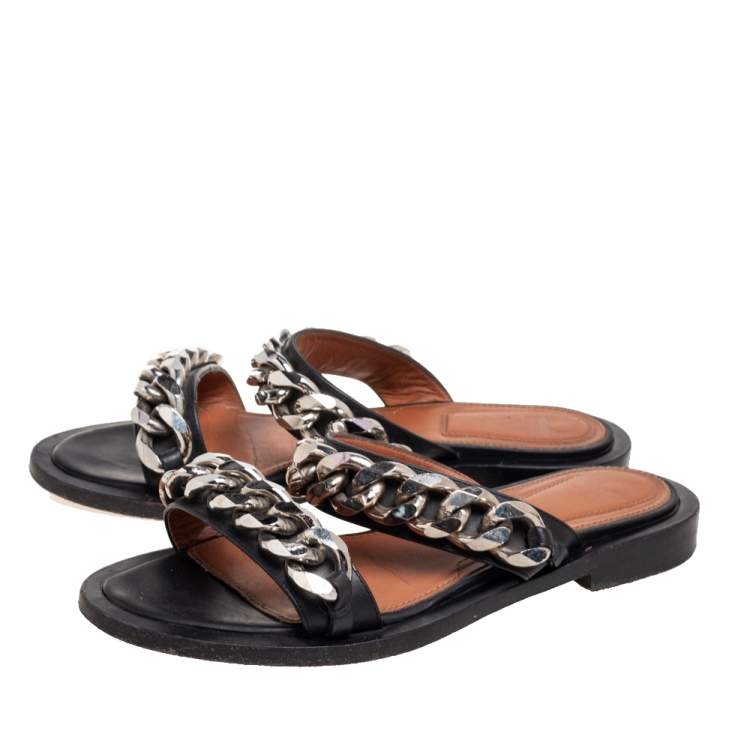 Pre Owned Givenchy Black Leather Chain Trimmed Flat Sandals Size 37
