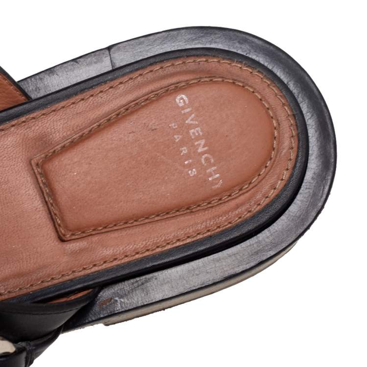 Pre Owned Givenchy Black Leather Chain Trimmed Flat Sandals Size 37