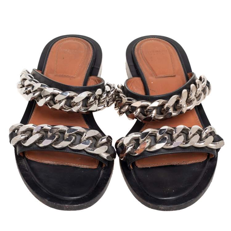Pre Owned Givenchy Black Leather Chain Trimmed Flat Sandals Size 37