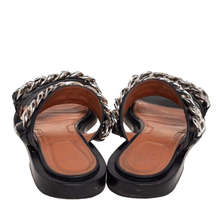 Pre Owned Givenchy Black Leather Chain Trimmed Flat Sandals Size 37