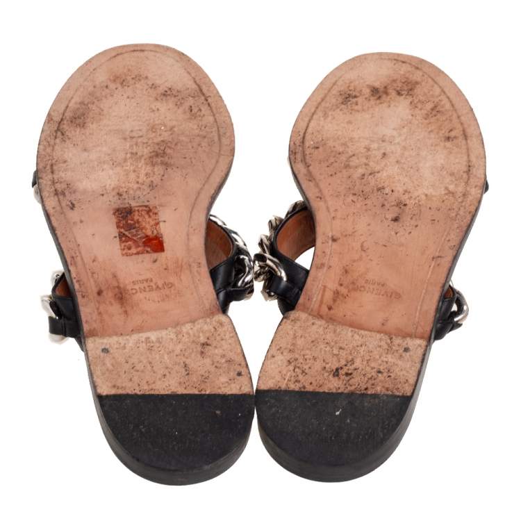 Pre Owned Givenchy Black Leather Chain Trimmed Flat Sandals Size 37