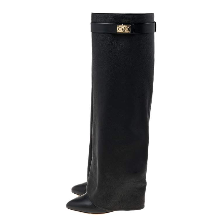 Pre Owned Givenchy Black Leather Shark Lock Knee Length Boots Size 37