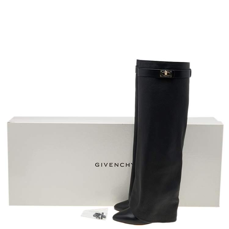 Pre Owned Givenchy Black Leather Shark Lock Knee Length Boots Size 37