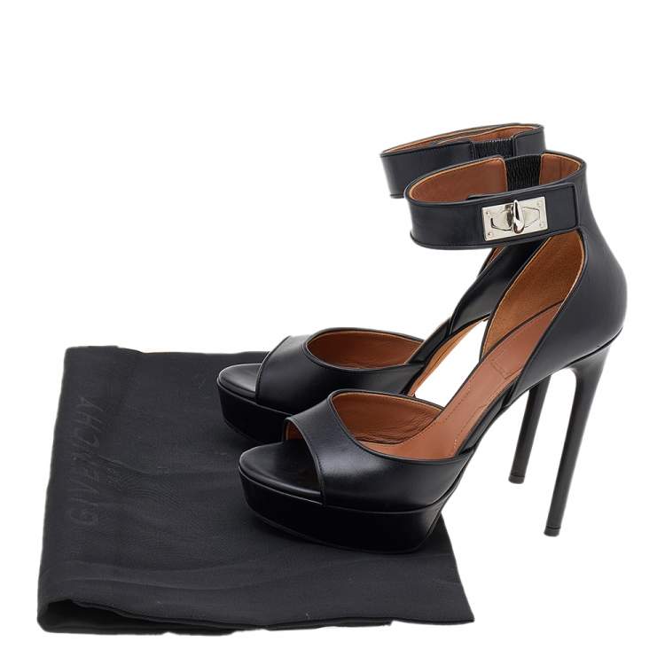Pre Owned Givenchy Black Leather Shark Lock Ankle Strap Sandals Size 36