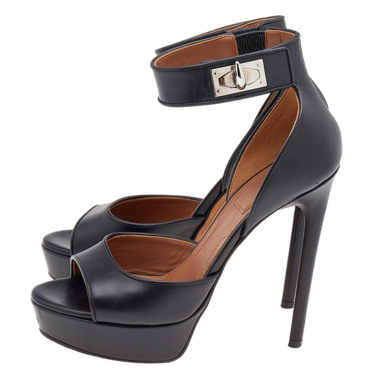 Pre Owned Givenchy Black Leather Shark Lock Ankle Strap Sandals Size 36