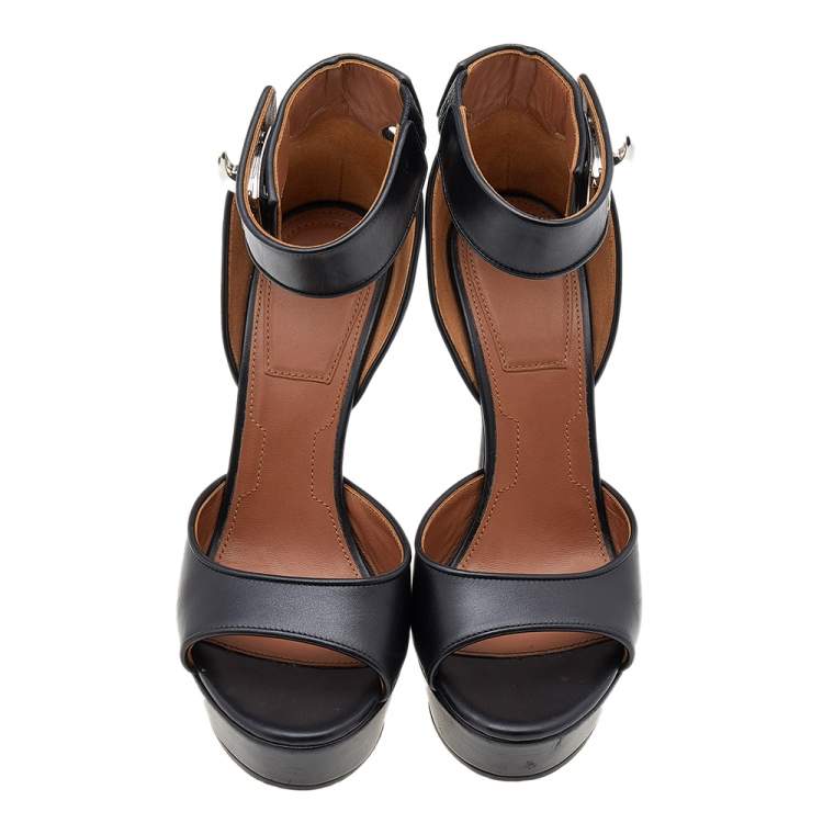 Pre Owned Givenchy Black Leather Shark Lock Ankle Strap Sandals Size 36