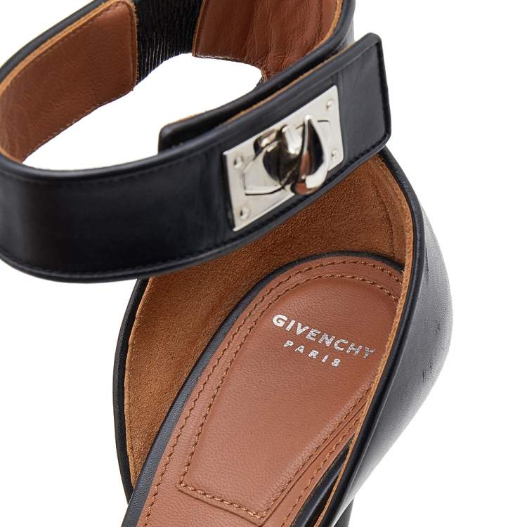 Pre Owned Givenchy Black Leather Shark Lock Ankle Strap Sandals Size 36