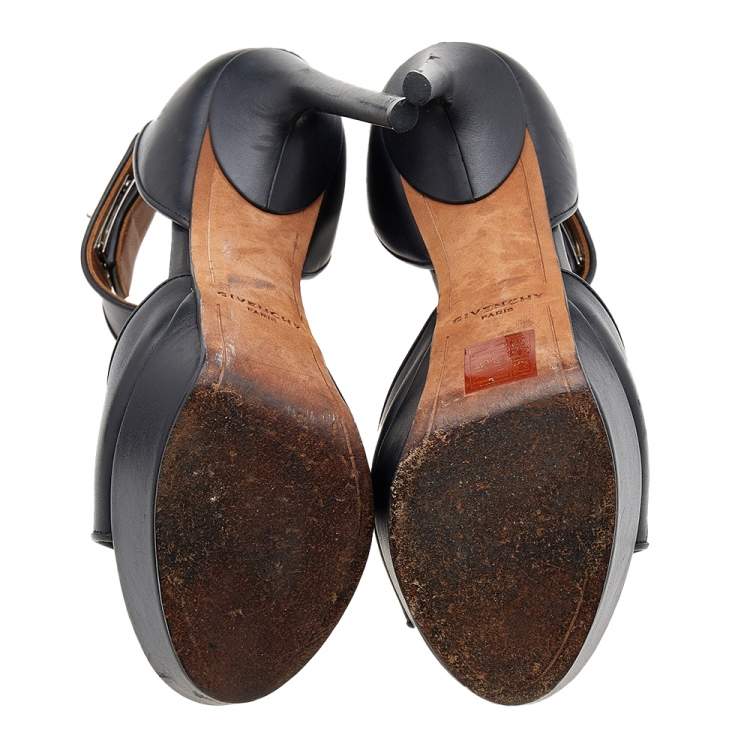Pre Owned Givenchy Black Leather Shark Lock Ankle Strap Sandals Size 36