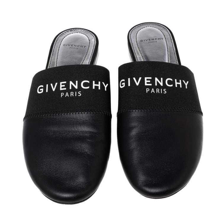 Pre Owned Givenchy Black Leather and Logo Elastic Flat Mules Size 38