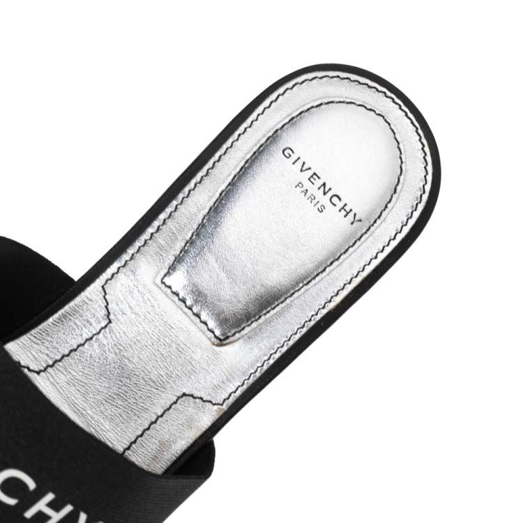 Pre Owned Givenchy Black Leather and Logo Elastic Flat Mules Size 38