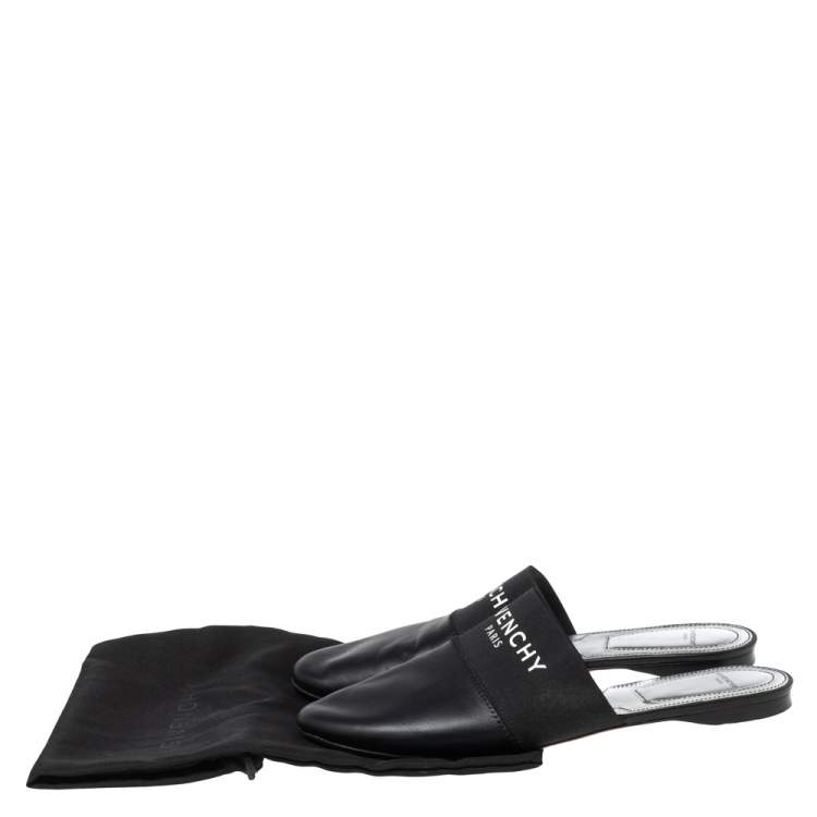 Pre Owned Givenchy Black Leather and Logo Elastic Flat Mules Size 38
