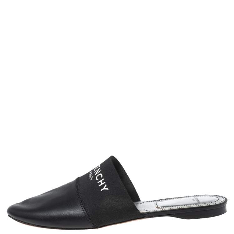 Pre Owned Givenchy Black Leather and Logo Elastic Flat Mules Size 38