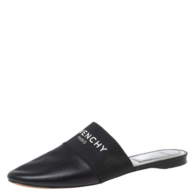 Pre Owned Givenchy Black Leather and Logo Elastic Flat Mules Size 38