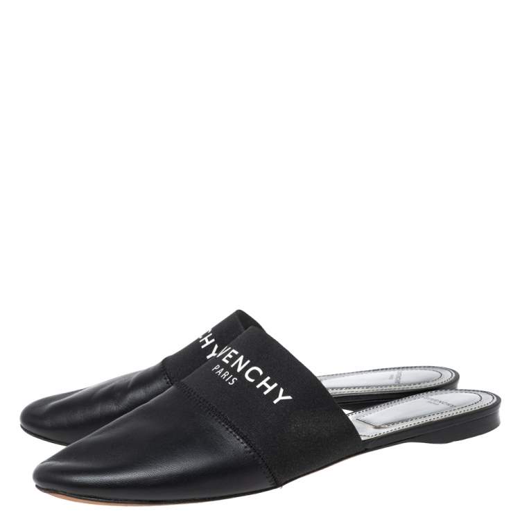 Pre Owned Givenchy Black Leather and Logo Elastic Flat Mules Size 38