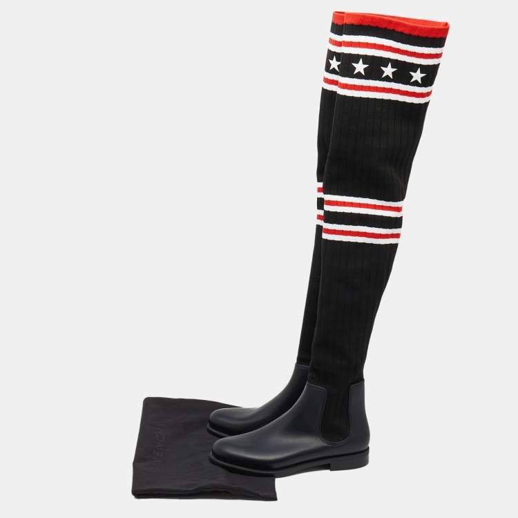 Pre Owned Givenchy Black Stretch Fabric And Rubber Storm Thigh High Boots Size 39