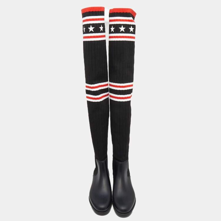 Pre Owned Givenchy Black Stretch Fabric And Rubber Storm Thigh High Boots Size 39