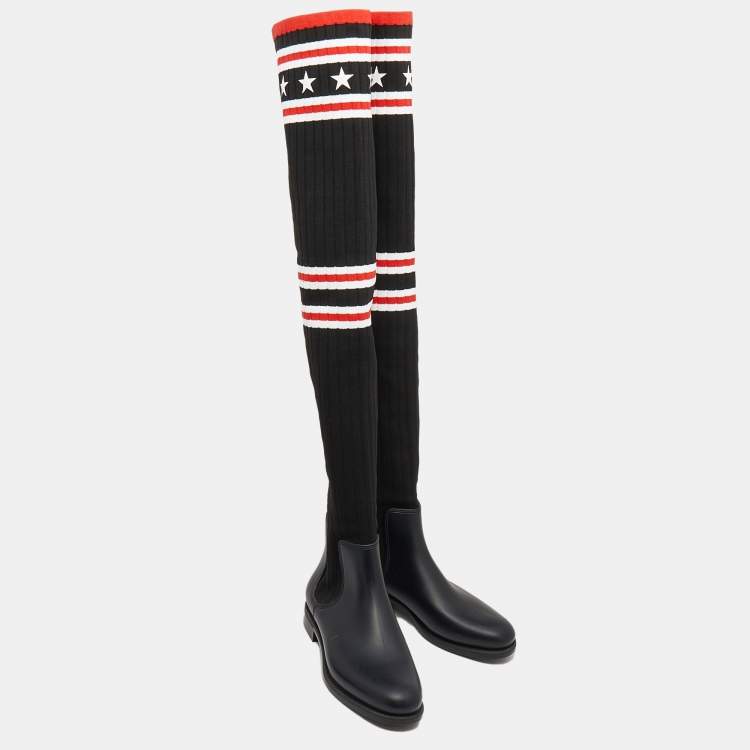 Pre Owned Givenchy Black Stretch Fabric And Rubber Storm Thigh High Boots Size 39