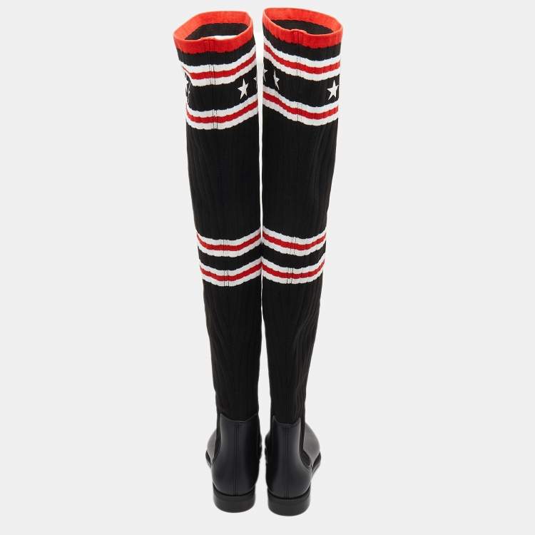 Pre Owned Givenchy Black Stretch Fabric And Rubber Storm Thigh High Boots Size 39