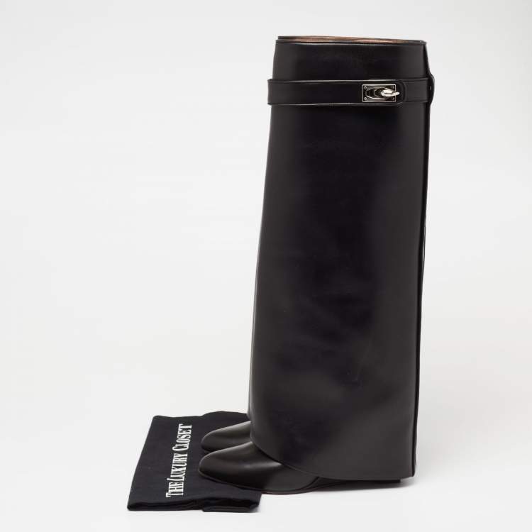 Pre Owned Givenchy Black Leather Shark Lock Knee High Boots Size 38.5