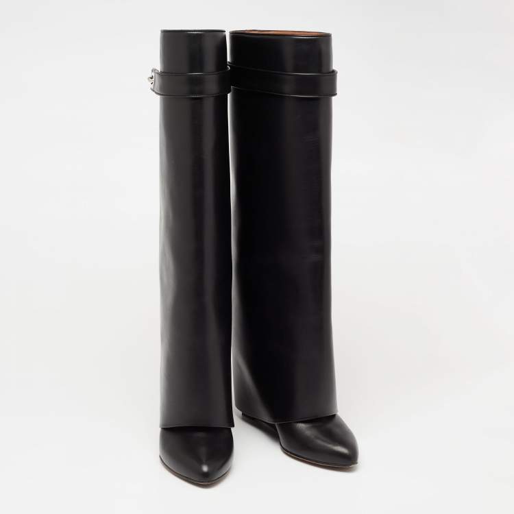 Pre Owned Givenchy Black Leather Shark Lock Knee High Boots Size 38.5