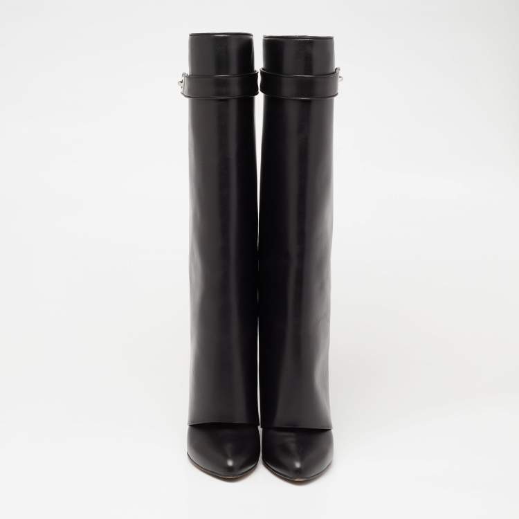 Pre Owned Givenchy Black Leather Shark Lock Knee High Boots Size 38.5