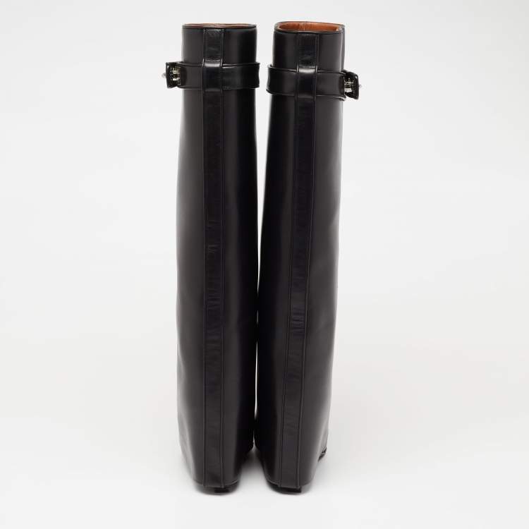 Pre Owned Givenchy Black Leather Shark Lock Knee High Boots Size 38.5