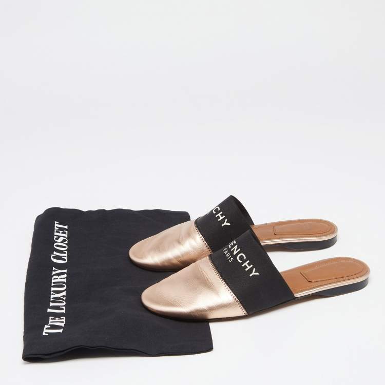 Pre Owned Givenchy Rose Gold Leather Logo Mules Size 36
