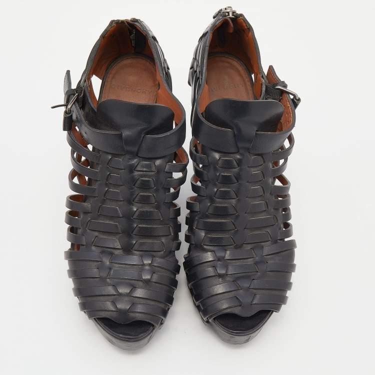 Pre Owned Givenchy Black Leather Cage Wedge Booties Size 39.5