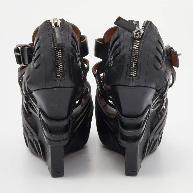 Pre Owned Givenchy Black Leather Cage Wedge Booties Size 39.5