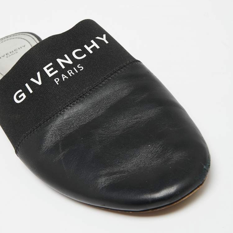 Pre Owned Givenchy Black Leather And Elastic Bedford Logo Mules Flat Size 39