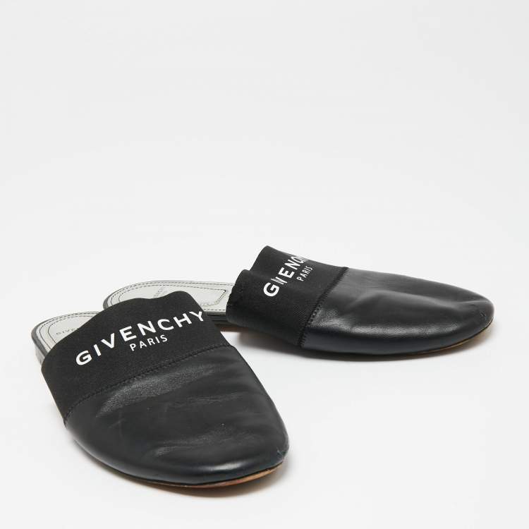 Pre Owned Givenchy Black Leather And Elastic Bedford Logo Mules Flat Size 39