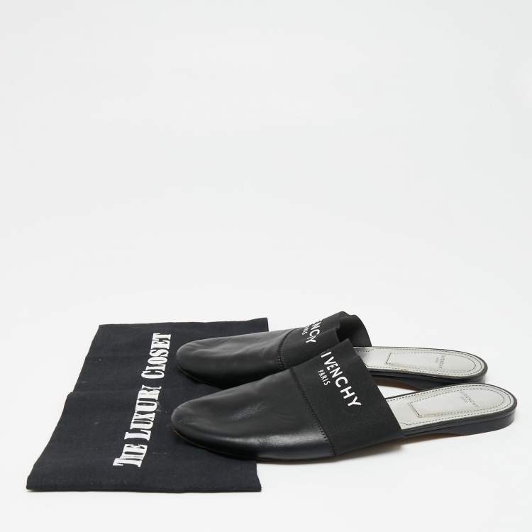 Pre Owned Givenchy Black Leather And Elastic Bedford Logo Mules Flat Size 39