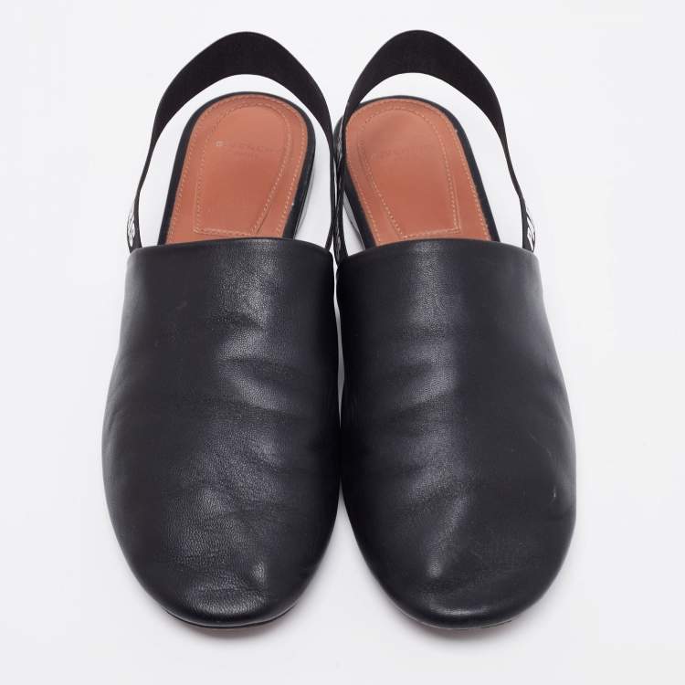 Pre Owned Givenchy Black Leather And Logo Stretch Band Slingback Flat Size 39