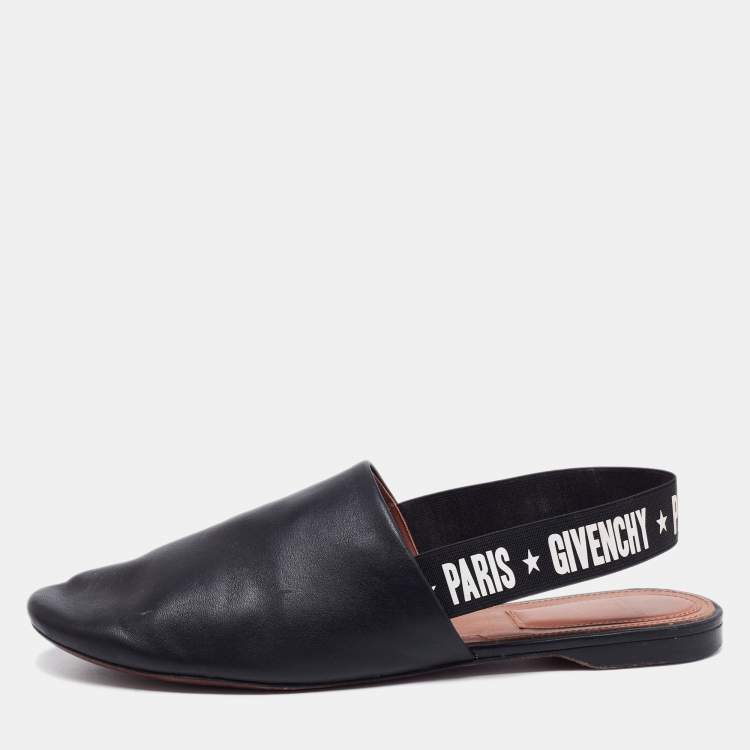 Pre Owned Givenchy Black Leather And Logo Stretch Band Slingback Flat Size 39