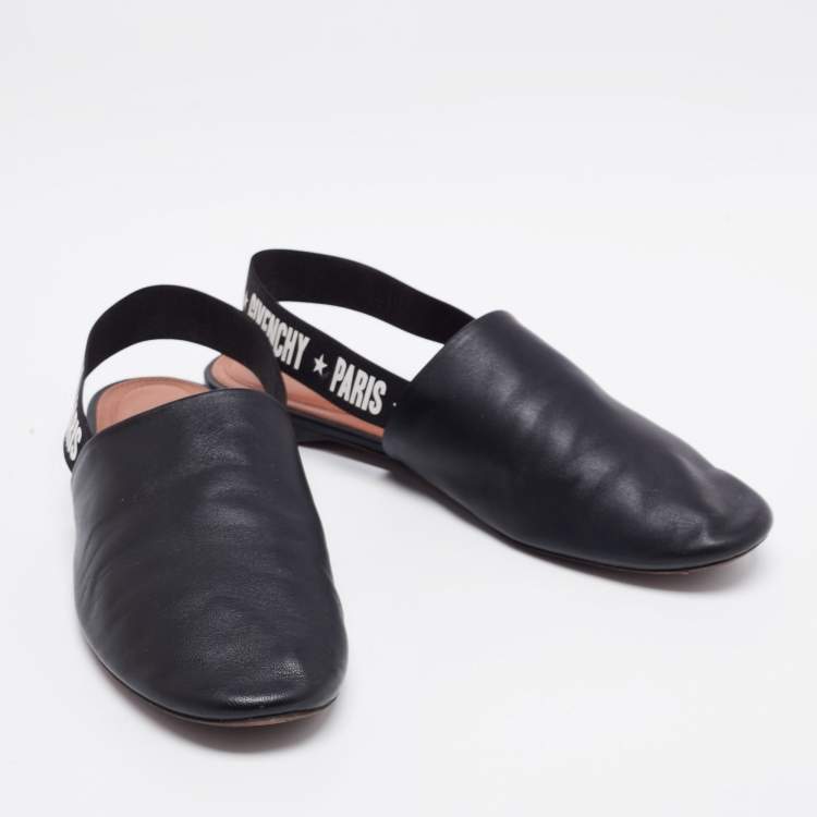 Pre Owned Givenchy Black Leather And Logo Stretch Band Slingback Flat Size 39