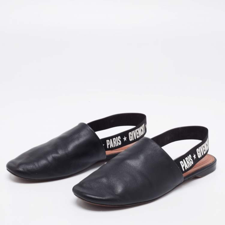Pre Owned Givenchy Black Leather And Logo Stretch Band Slingback Flat Size 39