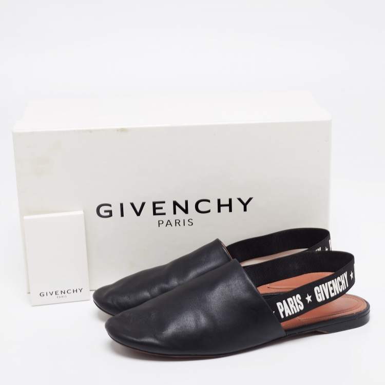 Pre Owned Givenchy Black Leather And Logo Stretch Band Slingback Flat Size 39