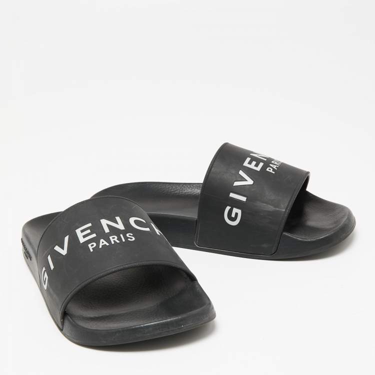 Pre Owned Givenchy Black Rubber Logo Flat Slide Sandals Size 39