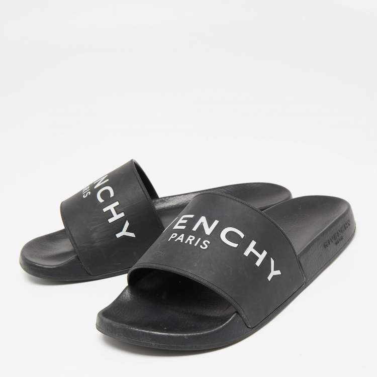 Pre Owned Givenchy Black Rubber Logo Flat Slide Sandals Size 39