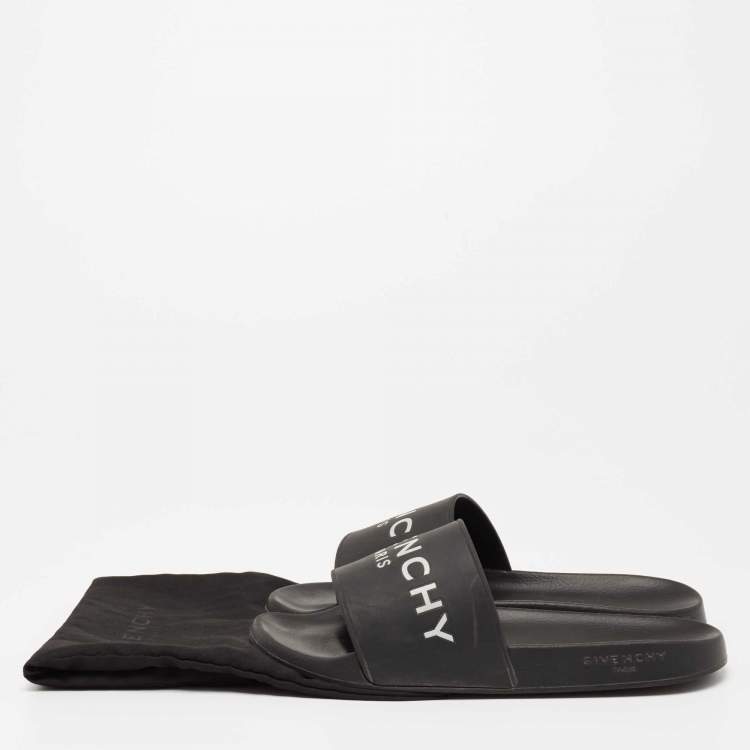 Pre Owned Givenchy Black Rubber Logo Print Flat Slide Sandals Size 41