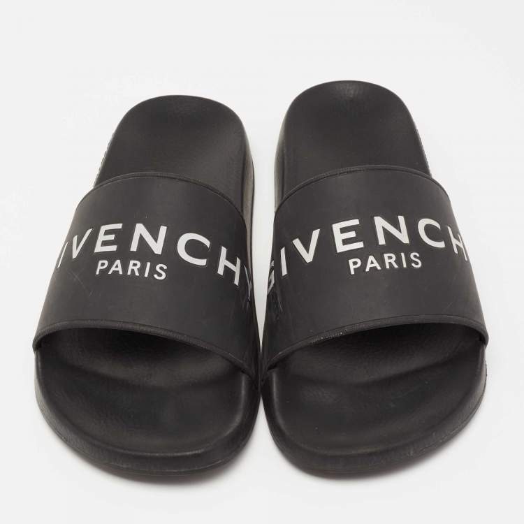 Pre Owned Givenchy Black Rubber Logo Print Flat Slide Sandals Size 41