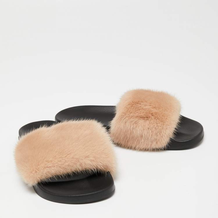 Pre Owned Givenchy Beige Mink Fur Flat Slides Sandals Size 38