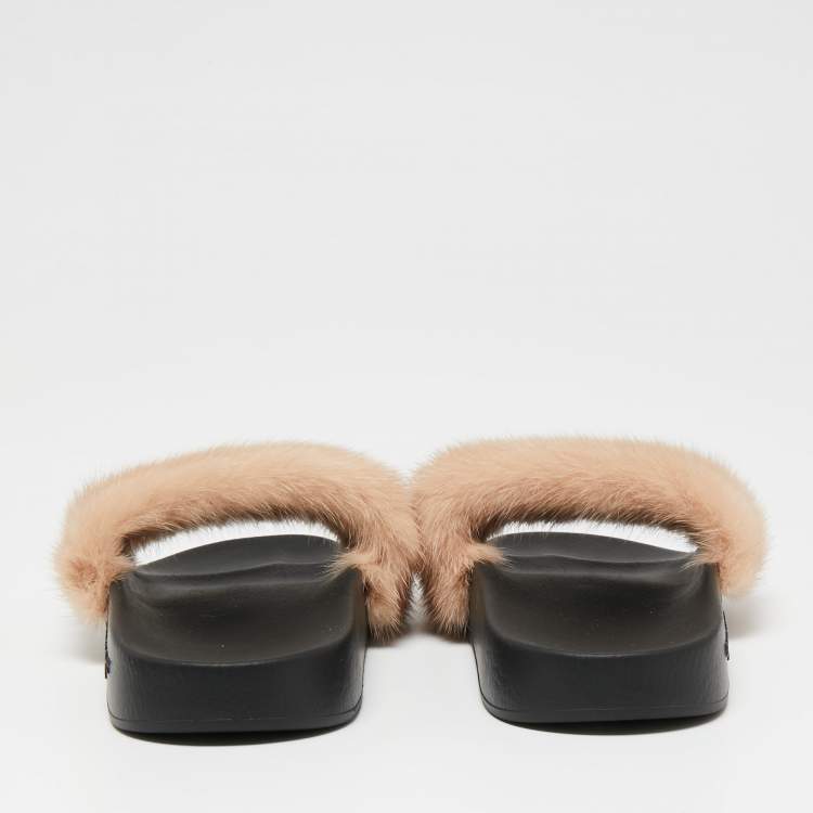 Pre Owned Givenchy Beige Mink Fur Flat Slides Sandals Size 38