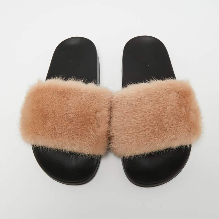 Pre Owned Givenchy Beige Mink Fur Flat Slides Sandals Size 38