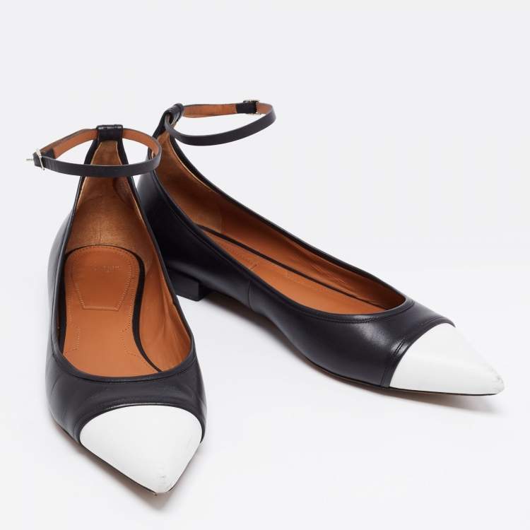 Pre Owned Givenchy Black/White Leather Cap Toe Ankle-Strap Ballet Flats Size 41.5 