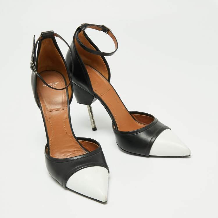 Pre Owned Givenchy Black/White Leather Screw Heel Ankle Strap D'orsay Pumps Size 39.5