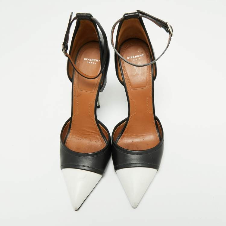 Pre Owned Givenchy Black/White Leather Screw Heel Ankle Strap D'orsay Pumps Size 39.5